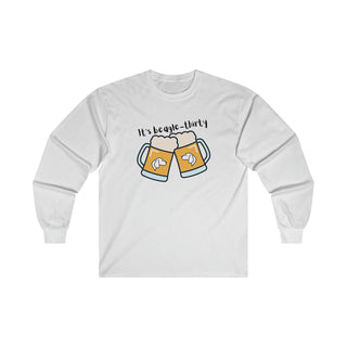 Beagle-Thirty Mugs Unisex Ultra Cotton Long Sleeve Tee in White. The front of shirt showcases Two Dog Adorned Mugs clinking with the saying, "It's Beagle-Thirty" above it. Back of shirt features corresponding Benefit Beagle Logo.