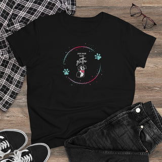 Dog Hair is my Glitter Women's Midweight Cotton Tee in Black. The Dog Hair is my Glitter design features a dog with the phrase "Dog Hair is my Glitter" above it and it is surrounded by a circle with paw prints.