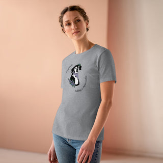 Signature Tattoo Flowers Women's Premium Tee in Athletic Heather. Shown is front of shirt with the Signature Tattoo Flowers design featuring a dog with flowers around it and the phrase "Beagletude" and "Nothing is Impawssible". Back of shirt features the Benefit Beagle Logo.