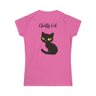 Meow Women's Softstyle Tee in Azalea Pink. Shown is back showcasing a wide eyed black cartoon cat with the phrase "Chatty Cat" above it. On front of shirt is the Benefit Beagle Logo featuring a peeping cat.