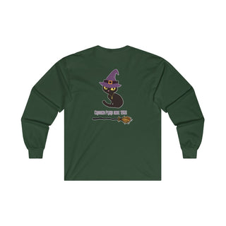 Witchy Cat Unisex Ultra Cotton Long Sleeve Tee. Back side shown in Forest Green with Wide Eyed Cartoon Cat wearing Purple Hat Standing over Broom. "Crossing Paths Since 1692". On the front of shirt is similar Witchy Benefit Beagle Logo. Purrfect for Halloween, or anytime!