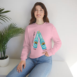 Beagle-Thirty Bottles Unisex Heavy Blend Crewneck Sweatshirt in Light Pink. The front of shirt showcases Two Paw Labeled Bottles clinking with the saying, "It's Beagle-Thirty". Back of shirt features corresponding Benefit Beagle Logo.