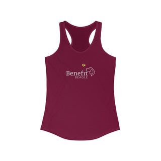 Bee Pawsitive Women's Racerback Tank shirt in Cardinal Red. The front of shirt features the Bee Pawsitive Benefit Beagle Logo. The back of shirt showcases a dog dressed as a bee in a field of sunflowers with "Bee Pawsitive" written above.