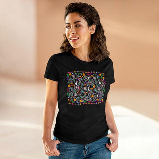 Dia De Los Muertos Women's Midweight Cotton Tee Shirt in Black. Shown is the front of shirt featuring print of dogs and cats with Dia de los Muertos traditional decorations. On the back is a similar Benefit Beagle Logo.