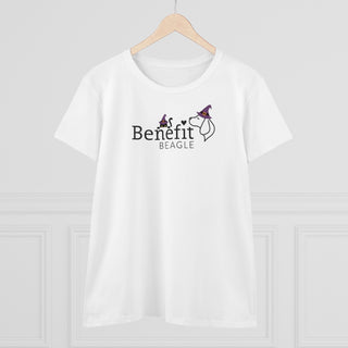 A slightly more fitted take of a classic short sleeve cotton tee. This contoured silhouette is made out of a soft, light cotton. Front side shown in White with a Seasonal Benefit Beagle Logo Design. Back side showcases Wide Eyed Cartoon Cat wearing Purple Hat Standing over Broom. "Crossing Paths Since 1692". Purrfect for Halloween, or anytime!