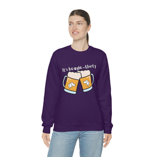 Beagle-Thirty Mugs Unisex Crewneck in Purple. The Beagle-Thirty Mugs design features two Mugs clinking with the saying "It's Beagle-Thirty" above it.