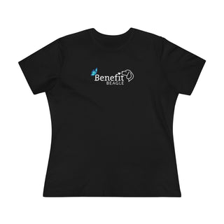 Lincoln Butterfly Women's Premium Tee in Black. Shown is the front of shirt with Benefit Beagle Logo kissed by butterfly. The back of shirt showcases profile of a dog with a blue butterfly on its nose and the phrase "Kindness is Strength" next to it.