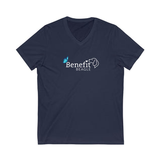 Lincoln Butterfly Unisex V-Neck Tee in Navy. Shown is the front of shirt with Benefit Beagle Logo kissed by butterfly. The back of shirt showcases profile of a dog with a blue butterfly on its nose and the phrase "Kindness is Strength" next to it.