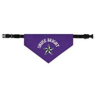 Brightest Star Pet Bandana Collar in Purple. The Brightest Star design features the phrase "Shine Bright" with a nautical star. Comes with adjustable black collar.