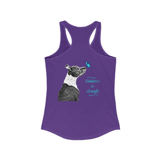 Lincoln Butterfly Women's Ideal Racerback Tank in Team Purple. Shown is back of shirt design showcasing profile of a dog with a blue butterfly on its nose and the phrase "Kindness is Strength" next to it. The front of shirt has Benefit Beagle Logo kissed by a Butterfly.