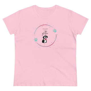 Dog Hair is my Glitter Women's Midweight Cotton Tee in Pink. The Dog Hair is my Glitter design features a dog with the phrase "Dog Hair is my Glitter" above it and it is surrounded by a circle with paw prints.