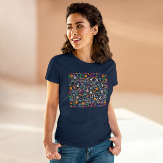 Dia De Los Muertos Women's Midweight Cotton Tee Shirt in Navy. Shown is the front of shirt featuring print of dogs and cats with Dia de los Muertos traditional decorations. On the back is a similar Benefit Beagle Logo.