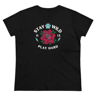 Stay Wild Women's Midweight Cotton Tee in Black. Shown is front of Stay Wild Design features a tattoo style rose with the phrase "Stay Wild, Play Hard" around it. The back of shirt features the Stay Wild Benefit Beagle Logo Design.