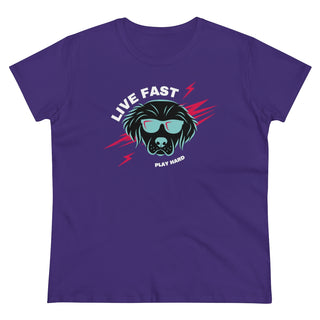 Play Hard Women's Midweight Cotton Tee shirt in Purple. The design features a cool dog with sunglasses and lightening bolts behind it. The phrase "Live Fast, Play Hard" is around the design.