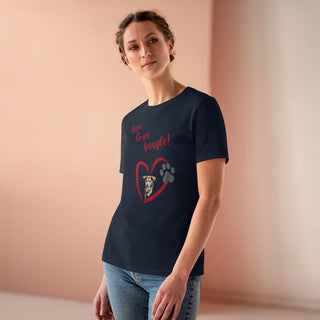 Live, Love, Beagle Women's Premium Tee in Navy. The Live, Love, Beagle design features a dog running through a heart with the phrase "Live, Love, Beagle!" above it.