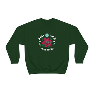 Stay Wild Unisex Heavy Blend Crewneck Sweatshirt in Forest Green. The Stay Wild Design features a tattoo style rose with the phrase "Stay Wild, Play Hard" around it. The back of shirt features the Stay Wild Benefit Beagle Logo Design.