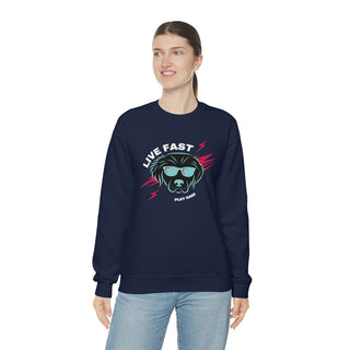 Play Hard Unisex Heavy Blend Crewneck Sweatshirt in Navy. The design features a cool dog with sunglasses and lightening bolts around it. The phrase "Live Fast, Play Hard" is around the design.