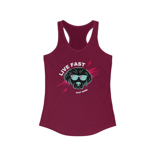 Play Hard Women's Ideal Racerback Tank in Cardinal Red. The design features a cool dog with sunglasses and lightening bolts around it. The phrase "Live Fast, Play Hard" is around the design.