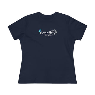 Lincoln Butterfly Women's Premium Tee in Navy. Shown is the front of shirt with Benefit Beagle Logo kissed by butterfly. The back of shirt showcases profile of a dog with a blue butterfly on its nose and the phrase "Kindness is Strength" next to it.