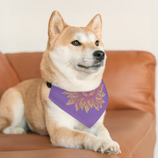 Dog wearing the You are my Sunshine Pet Bandana Collar in Purple. The You are my Sunshine design features half of a sunflower made out of little paw prints. Comes with adjustable black collar.