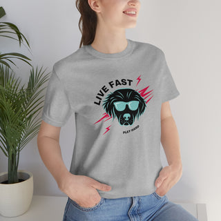 Play Hard Unisex Jersey Short Sleeve Tee Shirt in Athletic Heather. The design features a cool dog with sunglasses and lightening bolts around it. The phrase "Live Fast, Play Hard" is around the design.