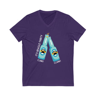 Beagle-Thirty Bottles Unisex Jersey Short Sleeve V-Neck Tee in Team Purple. The front of shirt showcases Two Paw Labeled Bottles clinking with the saying, "It's Beagle-Thirty". Back of shirt features corresponding Benefit Beagle Logo.