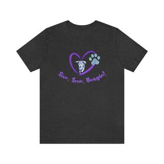 Live, Love, Beagle Unisex Jersey Short Sleeve Tee in Dark Grey Heather. The Live, Love, Beagle design features a dog running through a heart with the phrase "Live, Love, Beagle!" under it.