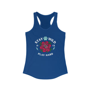 Stay Wild Women's Ideal Racerback Tank in Royal. The Stay Wild Design features a tattoo style rose with the phrase "Stay Wild, Play Hard" around it.  The back of shirt features the Stay Wild Benefit Beagle Logo Design.