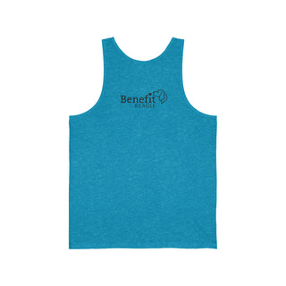 Easily Distracted Unisex Jersey Tank in Aqua Triblend. Shown is back design with the classic Benefit Beagle Logo. The front design features a dog waving with the saying "Easily Distracted by Dogs" below it.