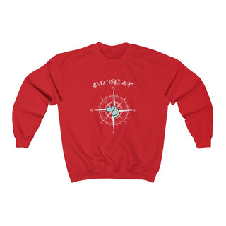 Adventures Await Unisex Crewneck Sweatshirt in Red. The front of shirt features the Adventures Await design with a dog inside a nautical compass and the words "Adventures Await" above it. The back of the shirt has similar Benefit Beagle Logo.