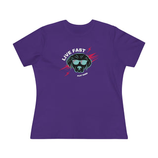 Play Hard Women's Premium Tee Shirt in Team Purple. The design features a cool dog with sunglasses and lightening bolts around it. The phrase "Live Fast, Play Hard" is around the design.