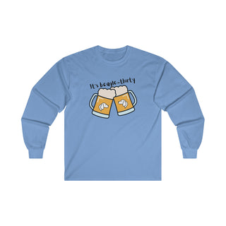 Beagle-Thirty Mugs Unisex Ultra Cotton Long Sleeve Tee in Carolina Blue. The front of shirt showcases Two Dog Adorned Mugs clinking with the saying, "It's Beagle-Thirty" above it. Back of shirt features corresponding Benefit Beagle Logo.