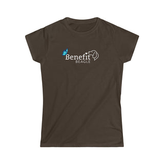 Lincoln Butterfly Women's Softstyle Tee in Dark Chocolate. Shown is the front of shirt with Benefit Beagle Logo kissed by butterfly. The back of shirt showcases profile of a dog with a blue butterfly on its nose and the phrase "Kindness is Strength" next to it.