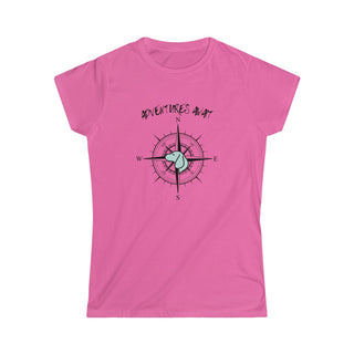 Adventures Await Women's Softstyle Tee in Azalea. The front of shirt features the Adventures Await design with a dog inside a nautical compass and the words "Adventures Await" above it. The back of the shirt has similar Benefit Beagle Logo.