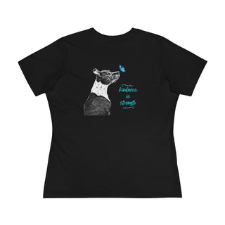 Lincoln Butterfly Women's Premium Tee in Black. Shown is back of shirt design showcasing profile of a dog with a blue butterfly on its nose and the phrase "Kindness is Strength" next to it. The front of shirt has Benefit Beagle Logo kissed by a Butterfly.