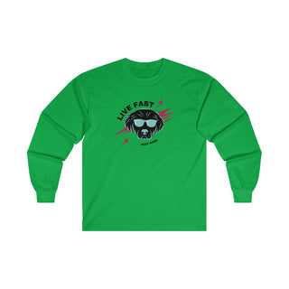 Play Hard Ultra Long Sleeve Tee in Irish Green. The design features a cool dog with sunglasses and lightening bolts around it. The phrase "Live Fast, Play Hard" is around the design.