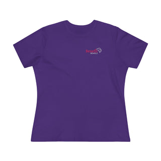 Different Pawspective Women's Premium Tee in Purple. Shown is front of shirt with Benefit Beagle logo in the top corner . On the back is large colorful pawprint with the the phrase "Life is all about finding the beauty in a different pawspective" circled around it.