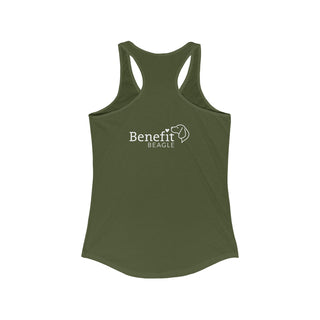 Easily Distracted Women's Racerback Tank in Military Green. Shown is back design with the classic Benefit Beagle Logo. The front design features a dog waving with the saying "Easily Distracted by Dogs" below it.