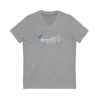 Lincoln Butterfly Unisex V-Neck Tee in Athletic Heather. Shown is the front of shirt with Benefit Beagle Logo kissed by butterfly. The back of shirt showcases profile of a dog with a blue butterfly on its nose and the phrase "Kindness is Strength" next to it.