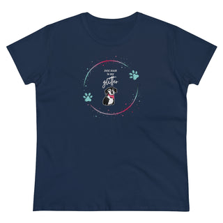 Dog Hair is my Glitter Women's Midweight Cotton Tee in Navy. The Dog Hair is my Glitter design features a dog with the phrase "Dog Hair is my Glitter" above it and it is surrounded by a circle with paw prints.