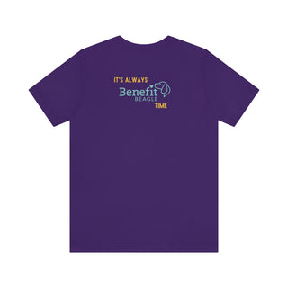 Beagle-Thirty Bottles Unisex Jersey Short Sleeve Tee in Team Purple. Shown is back of shirt featuring "Beagle-Thirty" Benefit Beagle Logo. The front Showcases Two Paw Labeled Bottles clinking with, "It's Beagle-Thirty" written next to it.