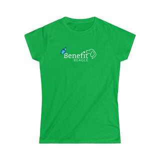 Lincoln Butterfly Women's Softstyle Tee in Irish Green. Shown is the front of shirt with Benefit Beagle Logo kissed by butterfly. The back of shirt showcases profile of a dog with a blue butterfly on its nose and the phrase "Kindness is Strength" next to it.