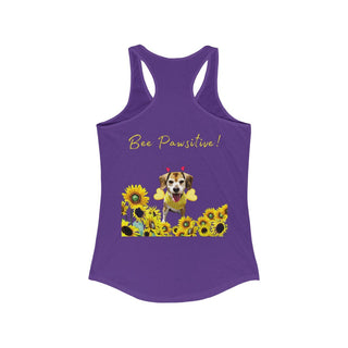 Bee Pawsitive Women's Racerback Tank in Purple Rush. Shown is back of shirt showcasing a dog dressed as as bee in a a field of sunflowers with the phrase "Bee Pawsitive!" above it. The front features the Bee Pawsitive Benefit Beagle Logo.