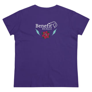 Stay Wild Women's Midweight Cotton Tee in Purple. Shown is the back of shirt with Benefit Beagle Logo complete with Tattoo Rose. On front of shirt is Stay Wild Design featuring a tattoo style rose with the phrase "Stay Wild, Play Hard" around it.