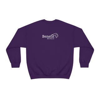 Easily Distracted Unisex Heavy Blend Crewneck Sweatshirt in Purple. Shown is back design with the classic Benefit Beagle Logo. The front design features a dog waving with the saying "Easily Distracted by Dogs" below it.