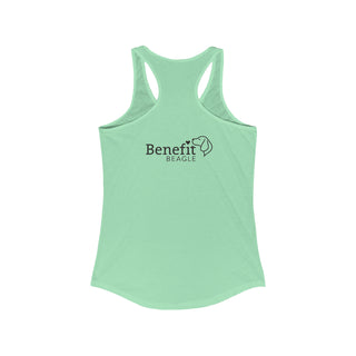 Easily Distracted Women's Racerback Tank in Mint. Shown is back design with the classic Benefit Beagle Logo. The front design features a dog waving with the saying "Easily Distracted by Dogs" below it.