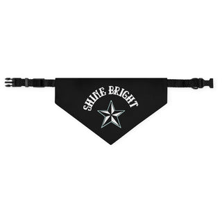 Brightest Star Pet Bandana Collar in Black. The Brightest Star design features the phrase "Shine Bright" with a nautical star. Comes with adjustable black collar.