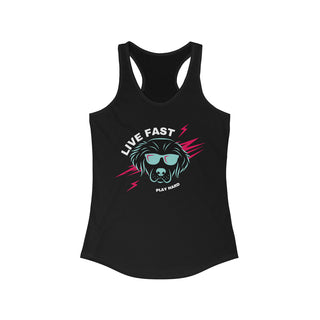 Play Hard Women's Ideal Racerback Tank in Black. The design features a cool dog with sunglasses and lightening bolts around it. The phrase "Live Fast, Play Hard" is around the design.