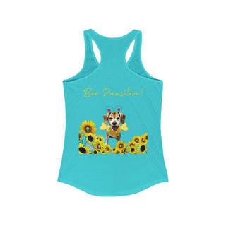 Bee Pawsitive Women's Racerback Tank in Tahiti Blue. Shown is back of shirt showcasing a dog dressed as as bee in a a field of sunflowers with the phrase "Bee Pawsitive!" above it. The front features the Bee Pawsitive Benefit Beagle Logo.