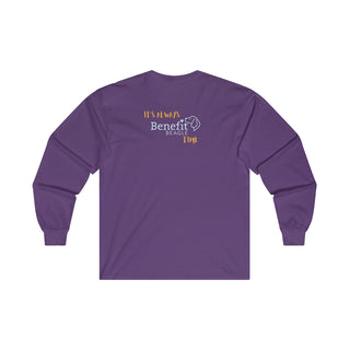 Beagle-Thirty Mugs Unisex Ultra Cotton Long Sleeve Tee in Purple. Shown is back of shirt featuring "Beagle-Thirty" Benefit Beagle Logo. The front Showcases Two Dog Adorned Mugs clinking with, "It's Beagle- Thirty" written above it.